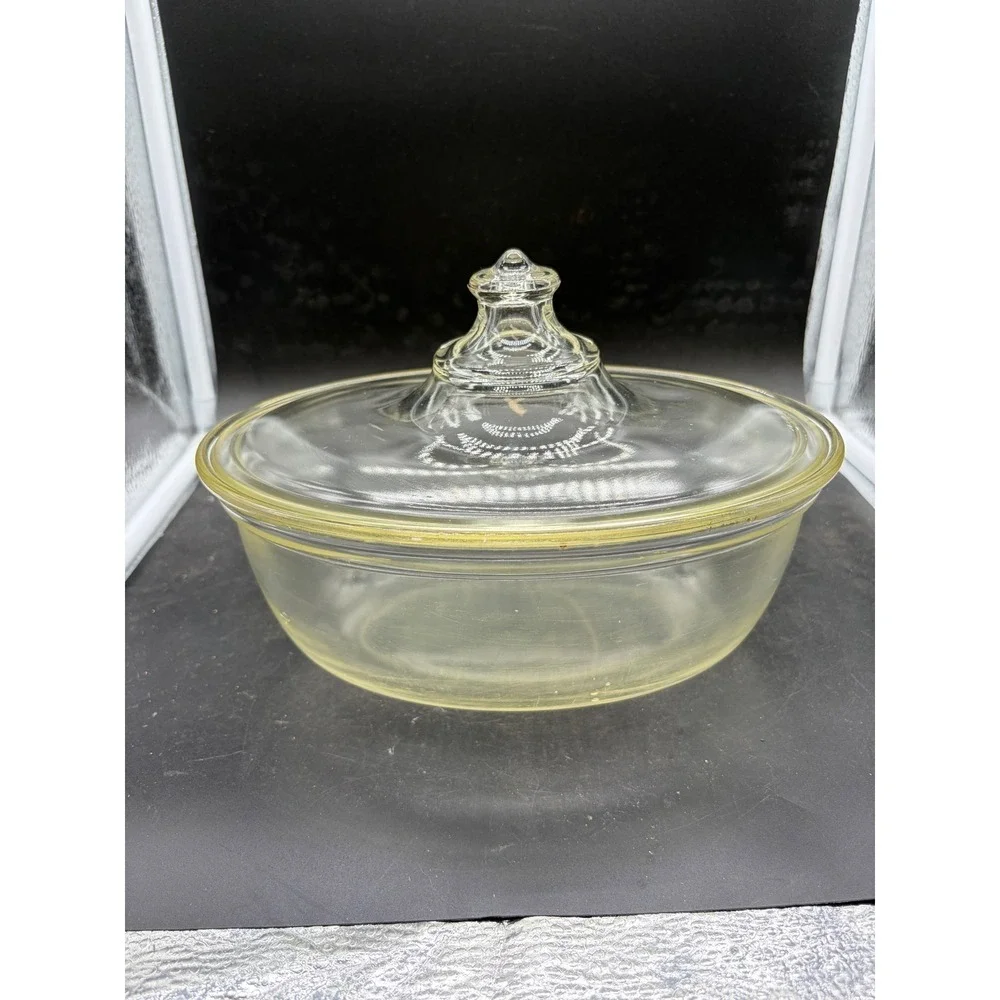 Vintage Pyrex 194 Clear Glass Oval Casserole Dish‎ with Lid Yellow Rim Trim